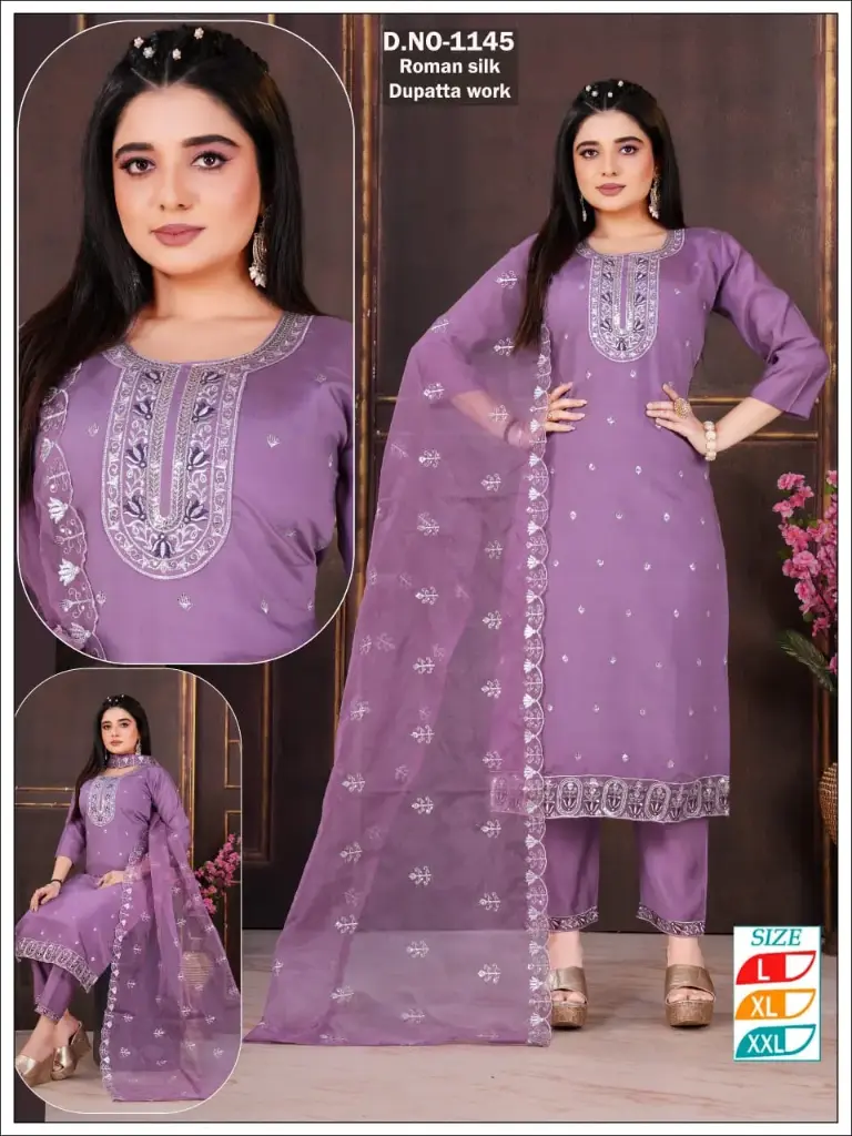 Lavender Roman-Silk Kurta Set with Embroidered Dupatta