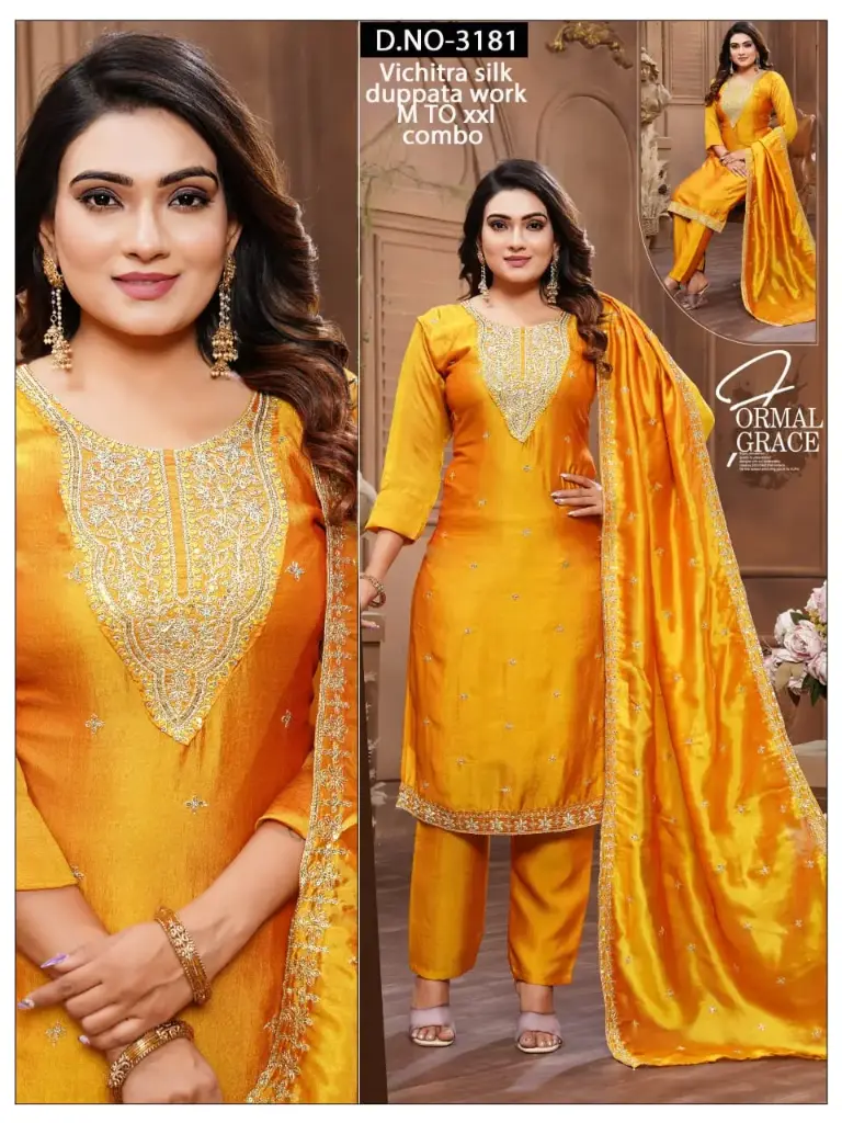 Golden Vichitra Silk Embroidered Kurta Set with Dupatta