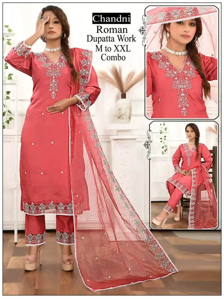 Coral Red Roman-Silk Embroidered Kurta Set with Dupatta