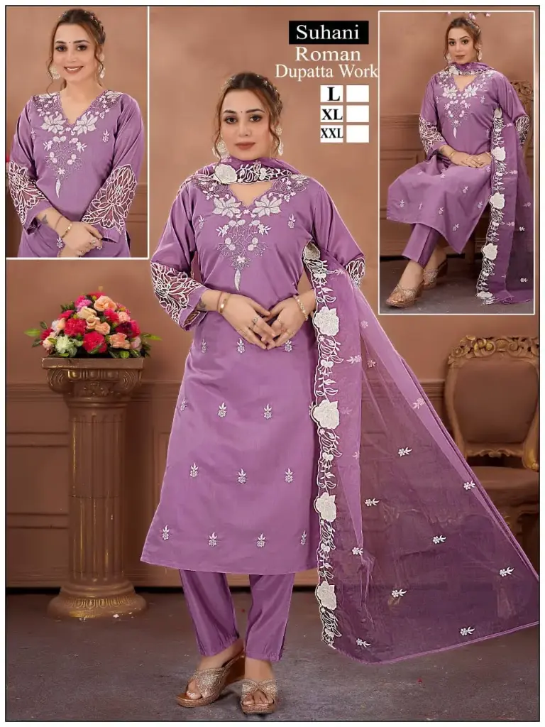 Lavender Roman-Silk Embroidered Kurta Set with Floral Dupatta