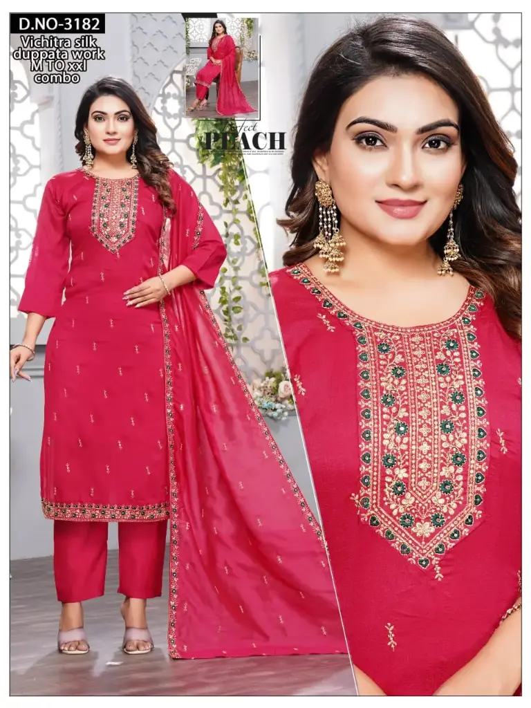 Rose-Pink Vichitra Silk Straight Kurta Set with Intricate Embroidered Round-Neck and Sheer Dupatta