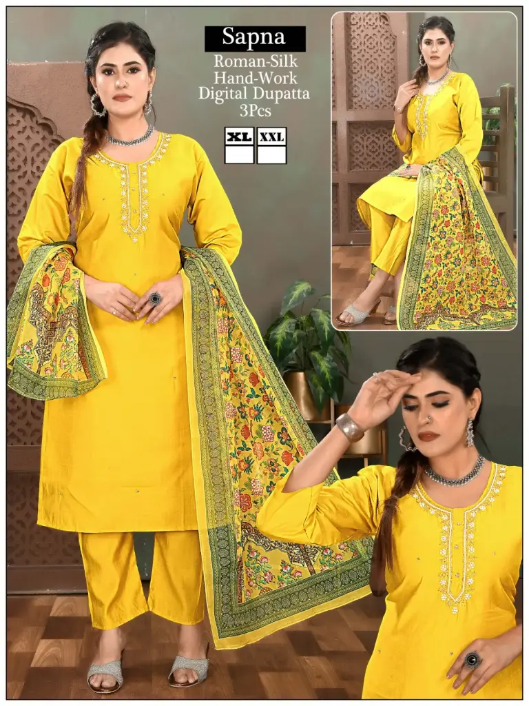 Mustard Sapna Roman-Silk Hand-Work Kurta Set