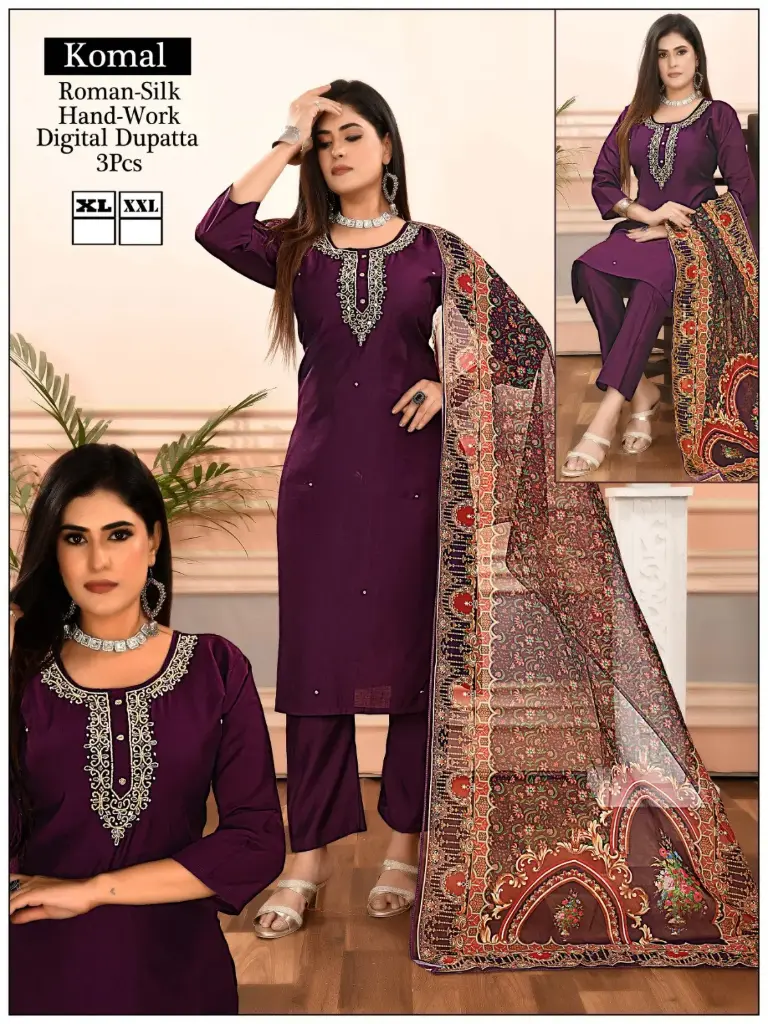 Plum Komal Roman-Silk Hand-Work & Digital-Print Kurta Set