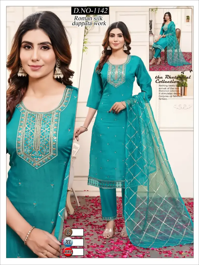 Turquoise Roman-Silk Kurta Set with Diamond-Pattern Dupatta