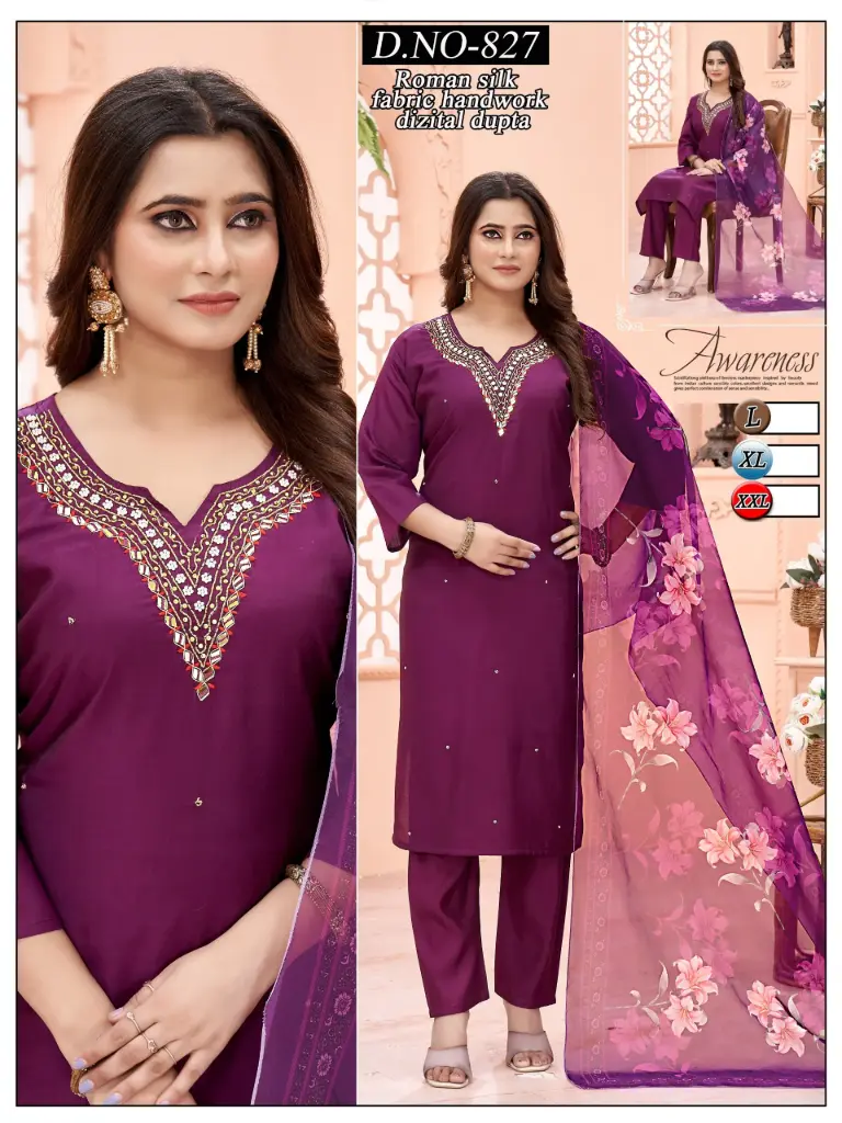 Plum Roman-Silk Kurta Set with Handwork & Floral Digital Dupatta