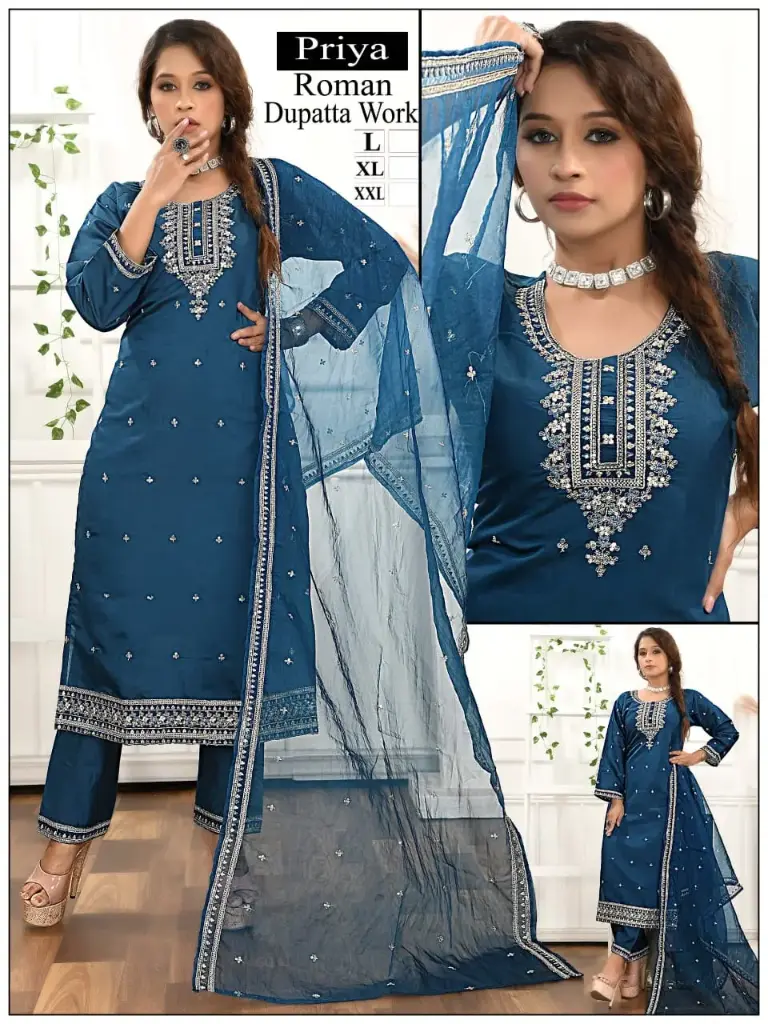 Navy Blue Roman-Silk Kurta Set with Embellished Dupatta