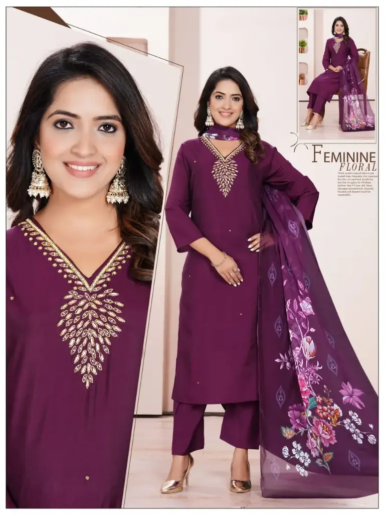 Royal Plum Roman-Silk Embroidered Kurta Set
