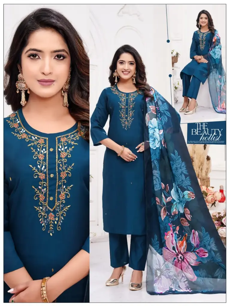 Teal-blue Roman-silk kurta set with gold-tone floral embroidery at the placket, paired with straight pants and a vibrant floral dupatta.