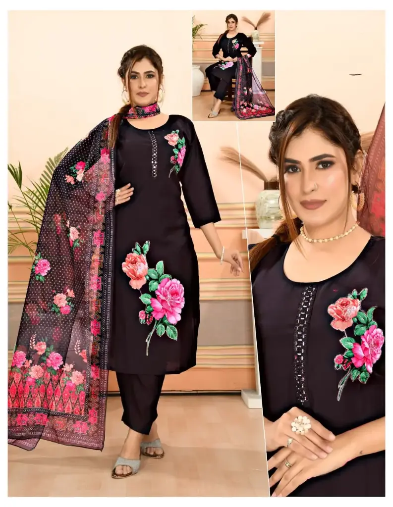 Midnight Black Floral Digital-Print Kurta Set