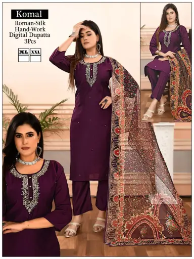 Plum Komal Roman-Silk Hand-Work & Digital-Print Kurta Set
